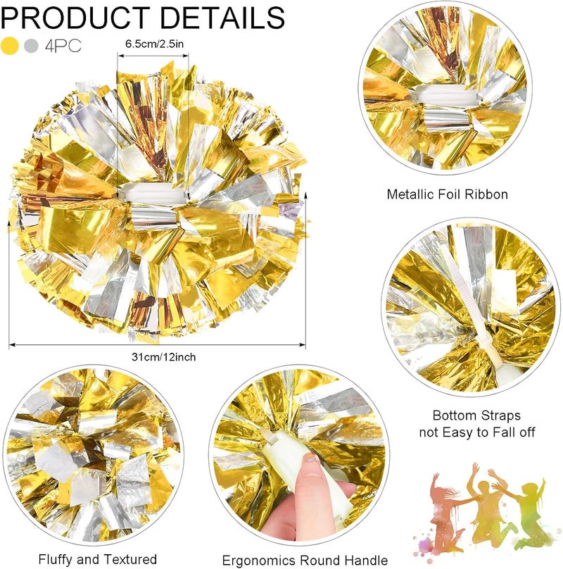 HOLENGS 4Pcs Upgraded 12inch Metallic Cheerleading Pom Poms, Cheerleader Pompoms Cheer Poms for Kids Adults, Cheering Squad Pompoms for School Sports Games Dance Party - Image 2